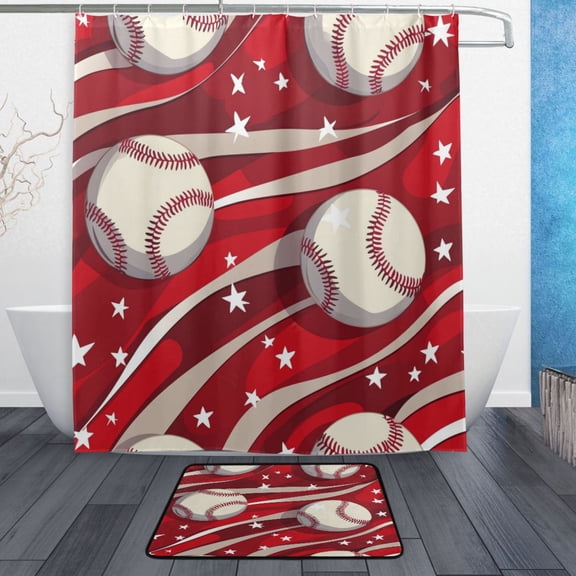 Bath Curtain & Non-Slip Bath Mat Set 12-Grommet Shower Curtain Memory Foam Bath Rug Baseball Pattern