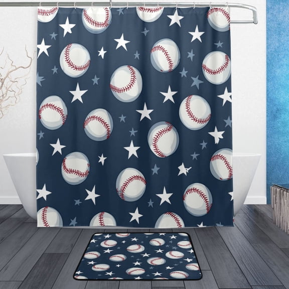 Bath Curtain & Non-Slip Bath Mat Set 12-Grommet Shower Curtain Memory Foam Bath Rug Baseball Stars Pattern