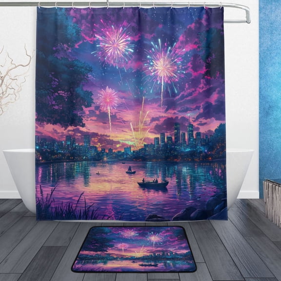Bath Curtain & Non-Slip Bath Mat Set 12-Grommet Shower Curtain Memory Foam Bath Rug Beautiful City