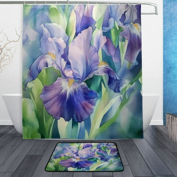 Bath Curtain & Non-Slip Bath Mat Set 12-Grommet Shower Curtain Memory Foam Bath Rug Beautiful Iris Flower