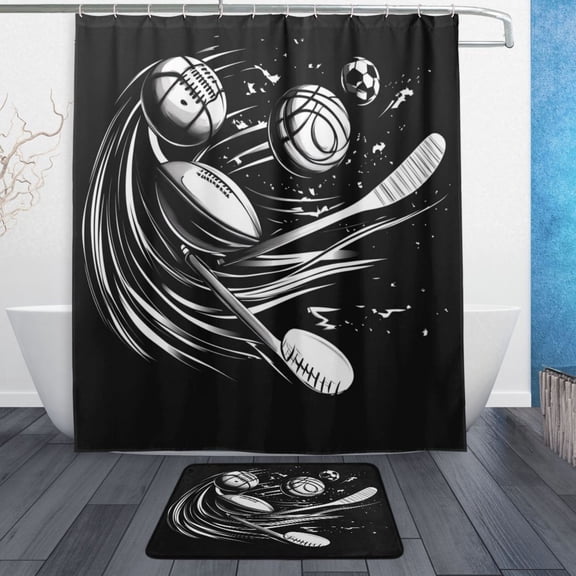 Bath Curtain & Non-Slip Bath Mat Set 12-Grommet Shower Curtain Memory Foam Bath Rug Black Baseball Pattern