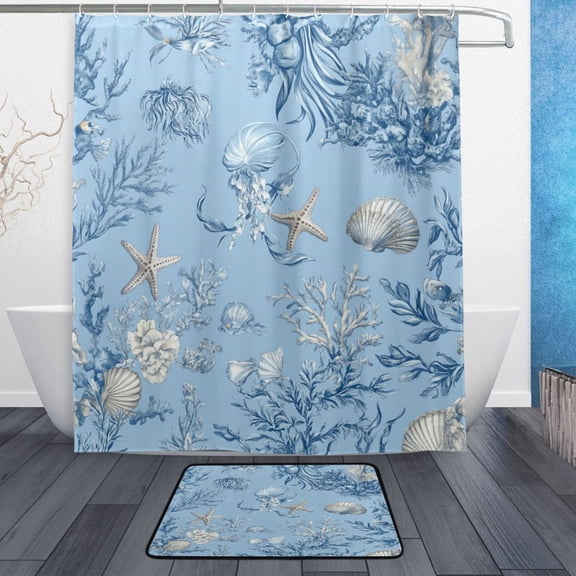 Bath Curtain & Non-Slip Bath Mat Set 12-Grommet Shower Curtain Memory Foam Bath Rug Blue Oceanic Scene
