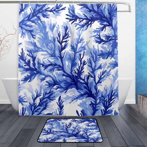 Bath Curtain & Non-Slip Bath Mat Set 12-Grommet Shower Curtain Memory Foam Bath Rug Blue Pine Boughs