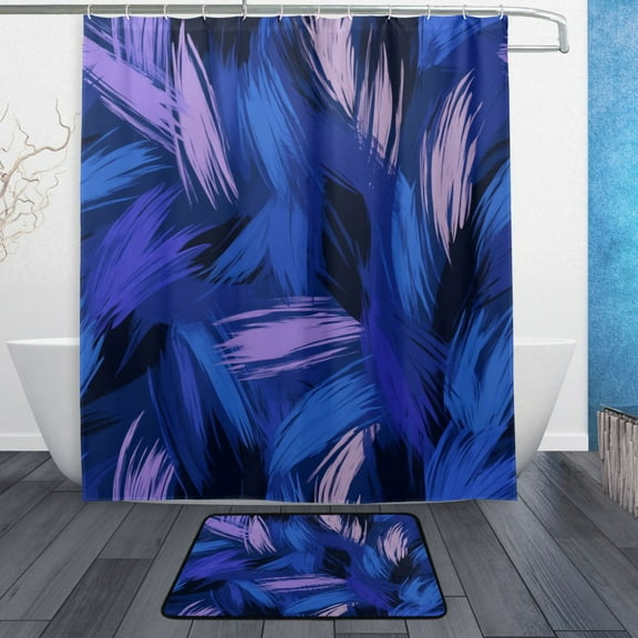 Bath Curtain & Non-Slip Bath Mat Set 12-Grommet Shower Curtain Memory Foam Bath Rug Blue and Purple Brushstrokes