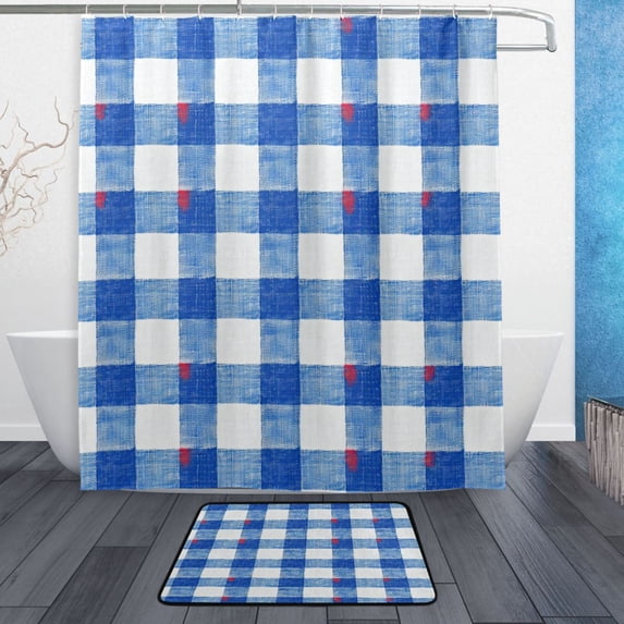 Bath Curtain & Non-Slip Bath Mat Set 12-Grommet Shower Curtain Memory Foam Bath Rug Blue and White Gingham