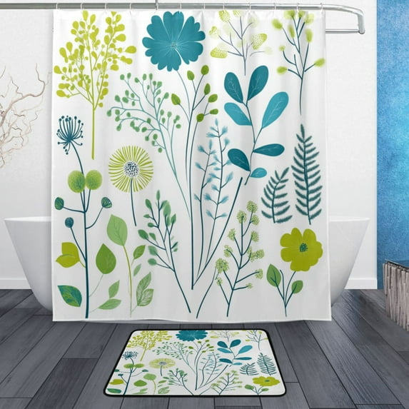 Bath Curtain & Non-Slip Bath Mat Set 12-Grommet Shower Curtain Memory Foam Bath Rug Blue-green Plants