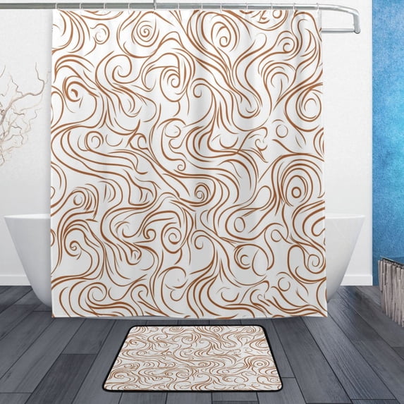 Bath Curtain & Non-Slip Bath Mat Set 12-Grommet Shower Curtain Memory Foam Bath Rug Brown Swirling Lines