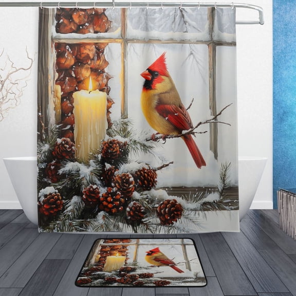 Bath Curtain & Non-Slip Bath Mat Set 12-Grommet Shower Curtain Memory Foam Bath Rug Candles and Red Cardinals