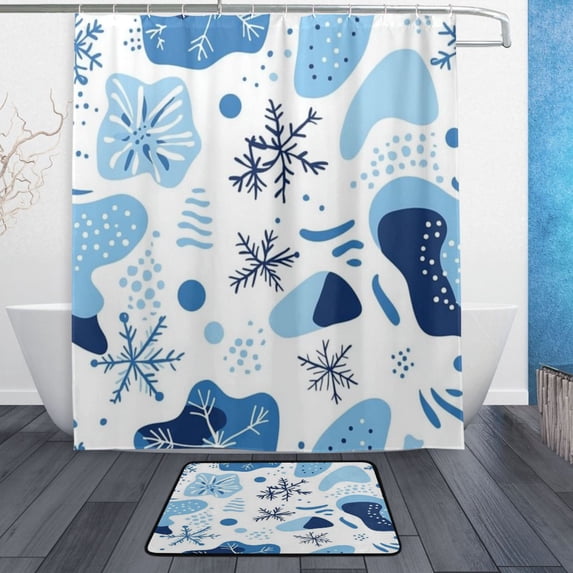 Bath Curtain & Non-Slip Bath Mat Set 12-Grommet Shower Curtain Memory Foam Bath Rug Cartoon Snowflakes and Shapes
