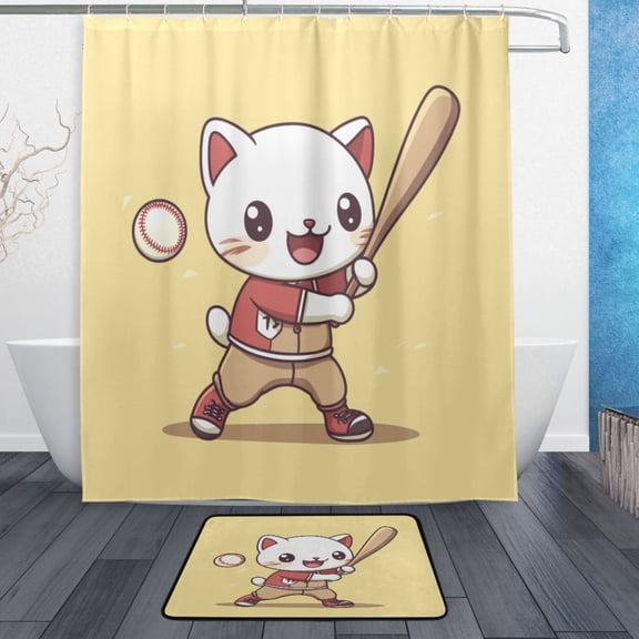 Bath Curtain & Non-Slip Bath Mat Set 12-Grommet Shower Curtain Memory Foam Bath Rug Cat Playing Baseball