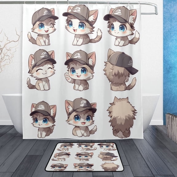 Bath Curtain & Non-Slip Bath Mat Set 12-Grommet Shower Curtain Memory Foam Bath Rug Cat Wearing Baseball Cap