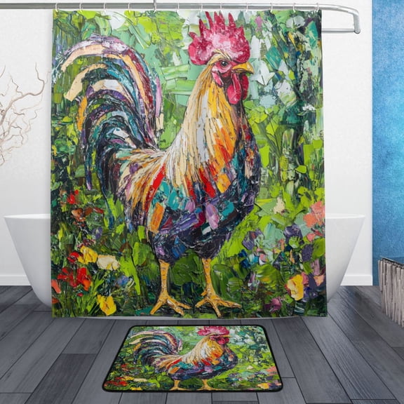 Bath Curtain & Non-Slip Bath Mat Set 12-Grommet Shower Curtain Memory Foam Bath Rug Chickens Painted in Oil