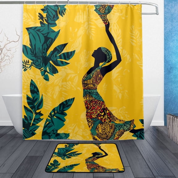 Bath Curtain & Non-Slip Bath Mat Set 12-Grommet Shower Curtain Memory Foam Bath Rug Colorful Pictures