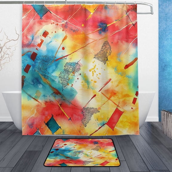 Bath Curtain & Non-Slip Bath Mat Set 12-Grommet Shower Curtain Memory Foam Bath Rug Colorful Squares Abstract Watercolor Painting