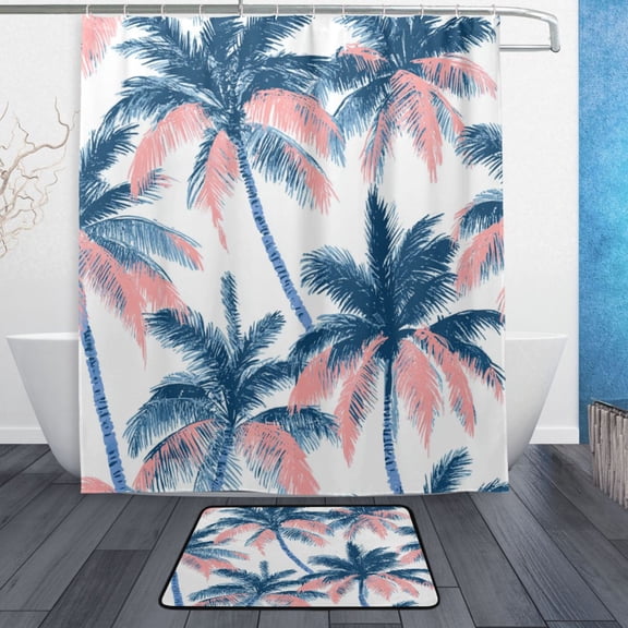 Bath Curtain & Non-Slip Bath Mat Set 12-Grommet Shower Curtain Memory Foam Bath Rug Coral Colors Palm Trees