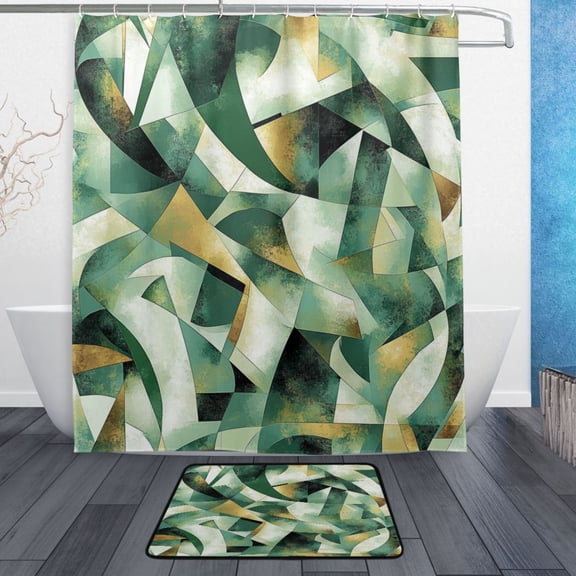 Bath Curtain & Non-Slip Bath Mat Set 12-Grommet Shower Curtain Memory Foam Bath Rug Cubist Geometric Shapes