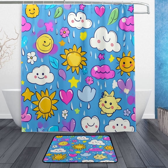 Bath Curtain & Non-Slip Bath Mat Set 12-Grommet Shower Curtain Memory Foam Bath Rug Cute Cartoon Rain Clouds