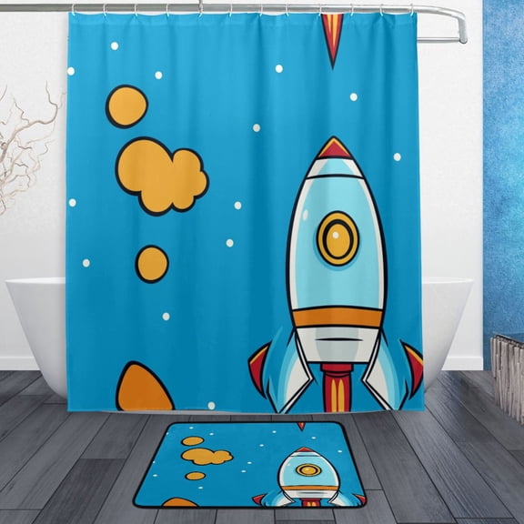 Bath Curtain & Non-Slip Bath Mat Set 12-Grommet Shower Curtain Memory Foam Bath Rug Cute Cartoon Rocket