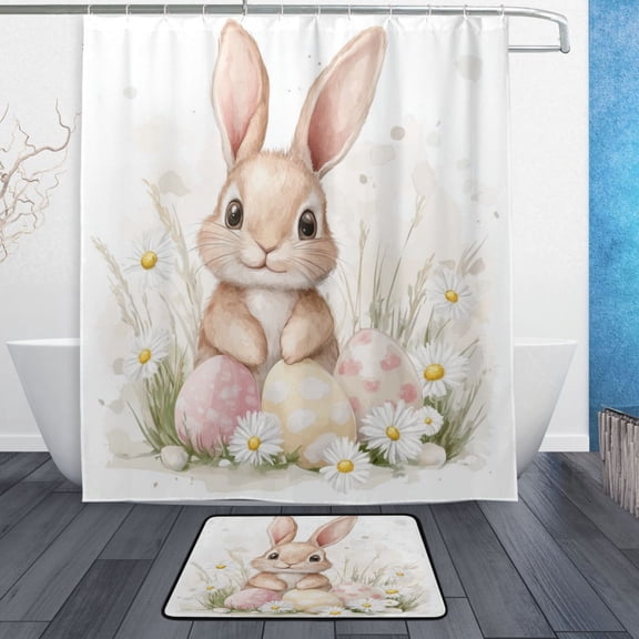 Bath Curtain & Non-Slip Bath Mat Set 12-Grommet Shower Curtain Memory Foam Bath Rug Cute Easter Bunny