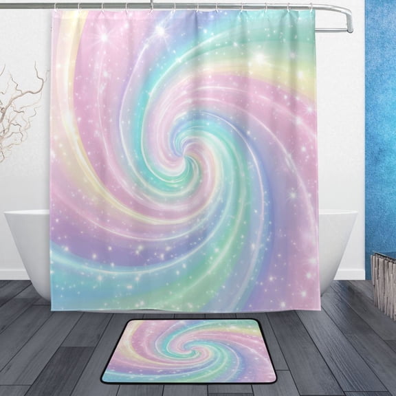 Bath Curtain & Non-Slip Bath Mat Set 12-Grommet Shower Curtain Memory Foam Bath Rug Cute Pastel Rainbow Swirl