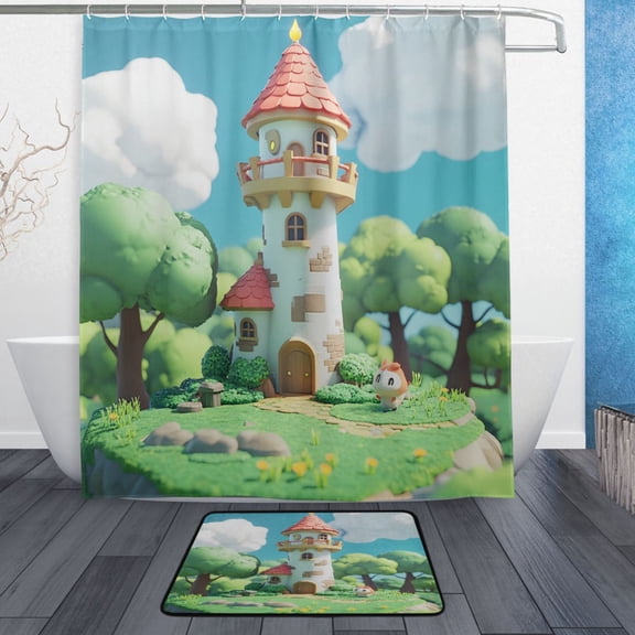 Bath Curtain & Non-Slip Bath Mat Set 12-Grommet Shower Curtain Memory Foam Bath Rug Cute Small House