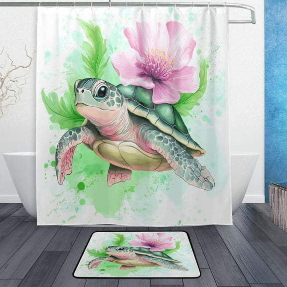 Bath Curtain & Non-Slip Bath Mat Set 12-Grommet Shower Curtain Memory Foam Bath Rug Cute Turtle