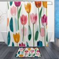 thumbnail image 1 of Bath Curtain & Non-Slip Bath Mat Set 12-Grommet Shower Curtain Memory Foam Bath Rug Cute Watercolor Tulips, 1 of 8