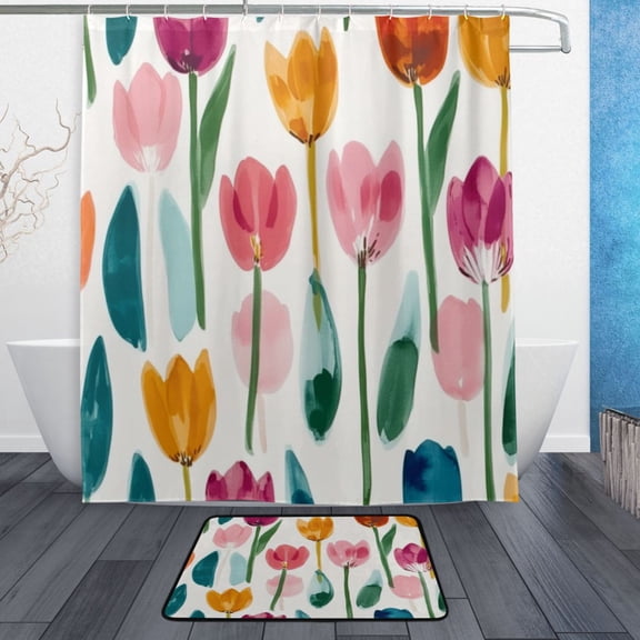 Bath Curtain & Non-Slip Bath Mat Set 12-Grommet Shower Curtain Memory Foam Bath Rug Cute Watercolor Tulips