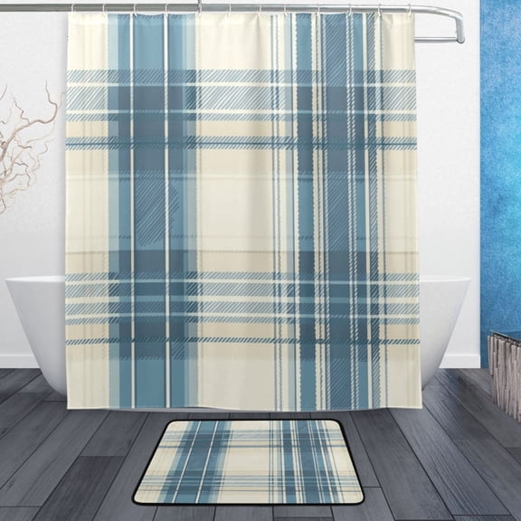 Bath Curtain & Non-Slip Bath Mat Set 12-Grommet Shower Curtain Memory Foam Bath Rug Dusty Blue and Beige Check