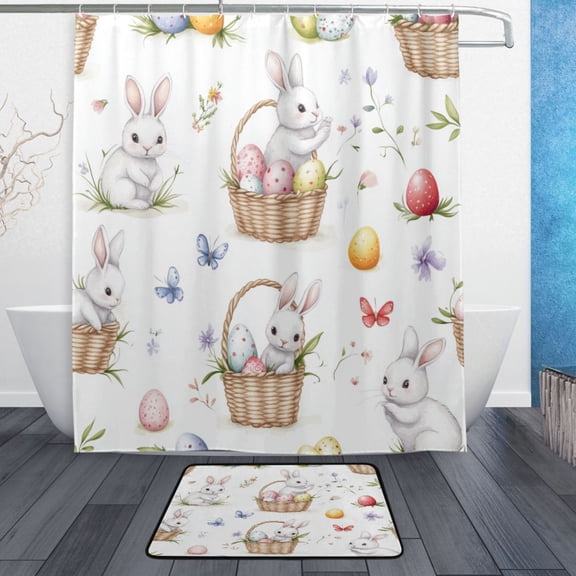 Bath Curtain & Non-Slip Bath Mat Set 12-Grommet Shower Curtain Memory Foam Bath Rug Easter Bunnies and Baskets