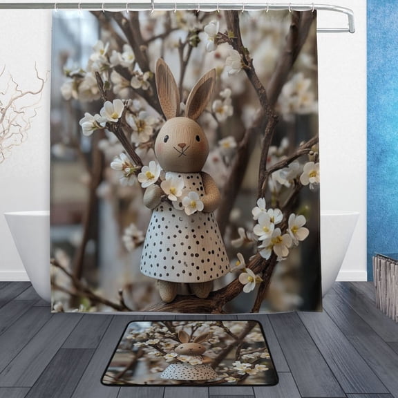 Bath Curtain & Non-Slip Bath Mat Set 12-Grommet Shower Curtain Memory Foam Bath Rug Easter Bunny Wooden Figurine