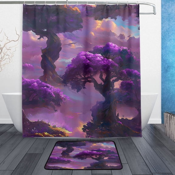 Bath Curtain & Non-Slip Bath Mat Set 12-Grommet Shower Curtain Memory Foam Bath Rug Giant Purple Tree