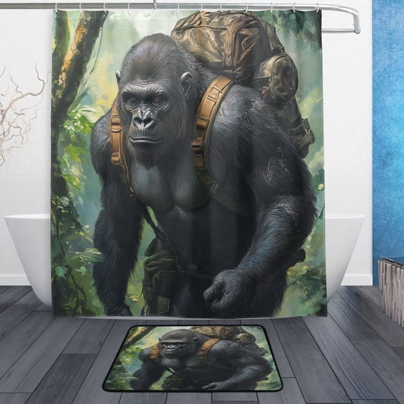 Bath Curtain & Non-Slip Bath Mat Set 12-Grommet Shower Curtain Memory Foam Bath Rug Gorilla with A Backpack