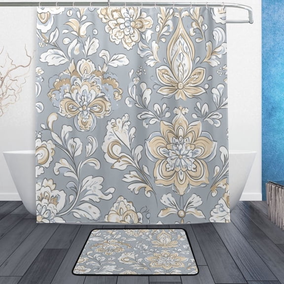 Bath Curtain & Non-Slip Bath Mat Set 12-Grommet Shower Curtain Memory Foam Bath Rug Gray and White Flower Pattern