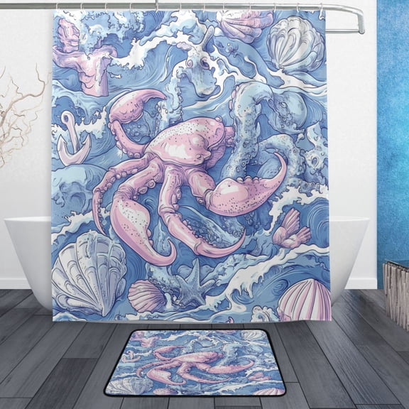 Bath Curtain & Non-Slip Bath Mat Set 12-Grommet Shower Curtain Memory Foam Bath Rug Hand-drawn Sea Creatures