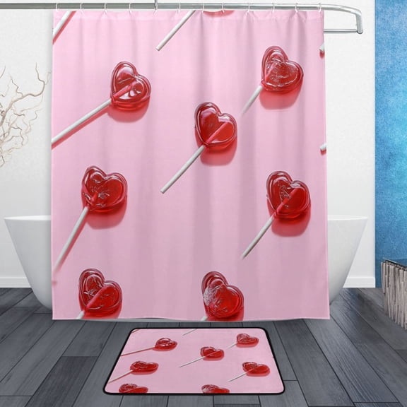 Bath Curtain & Non-Slip Bath Mat Set 12-Grommet Shower Curtain Memory Foam Bath Rug Heart-shaped Lollipop