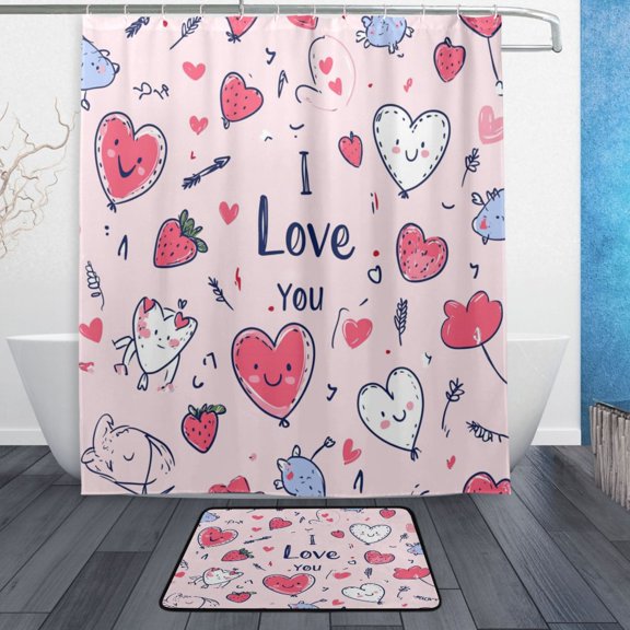 Bath Curtain & Non-Slip Bath Mat Set 12-Grommet Shower Curtain Memory Foam Bath Rug Hearts and Arrows Pattern