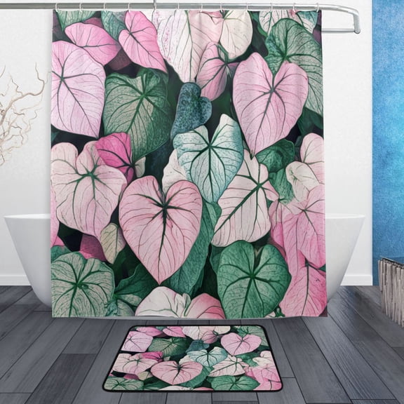 Bath Curtain & Non-Slip Bath Mat Set 12-Grommet Shower Curtain Memory Foam Bath Rug Large Caladium Plant