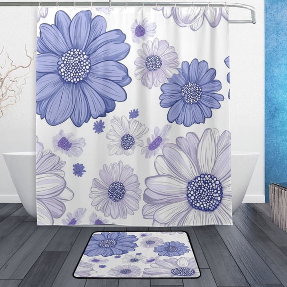 Bath Curtain & Non-Slip Bath Mat Set 12-Grommet Shower Curtain Memory Foam Bath Rug Large Daisy Flowers