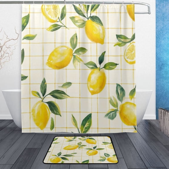 Bath Curtain & Non-Slip Bath Mat Set 12-Grommet Shower Curtain Memory Foam Bath Rug Lemons and Leaves
