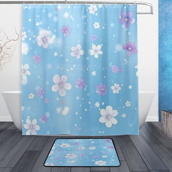 Bath Curtain & Non-Slip Bath Mat Set 12-Grommet Shower Curtain Memory Foam Bath Rug Light Blue Background Flowers