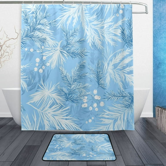Bath Curtain & Non-Slip Bath Mat Set 12-Grommet Shower Curtain Memory Foam Bath Rug Light Blue Pine Leaves