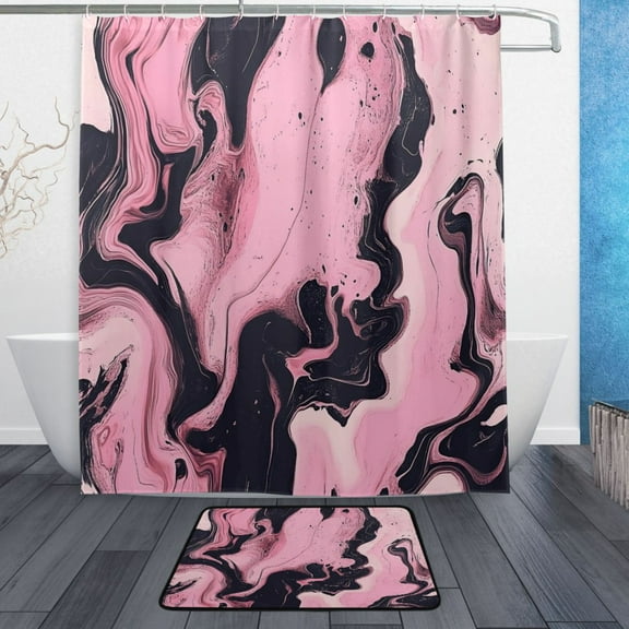 Bath Curtain & Non-Slip Bath Mat Set 12-Grommet Shower Curtain Memory Foam Bath Rug Marble Pattern Pink and Black