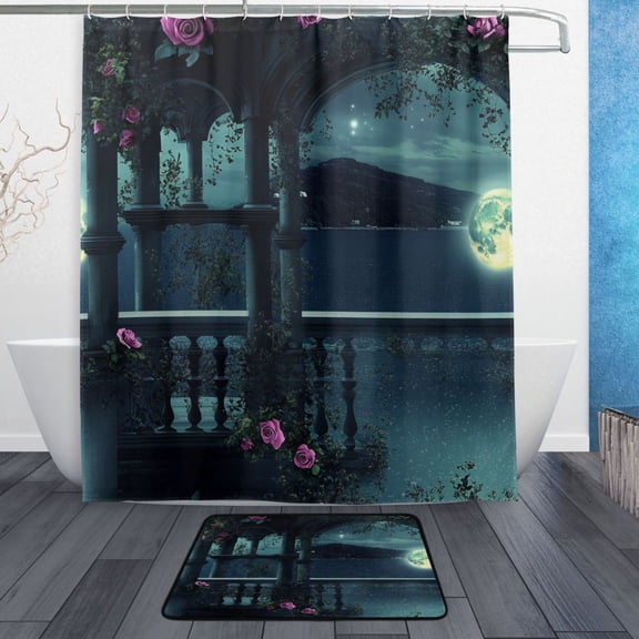Bath Curtain & Non-Slip Bath Mat Set 12-Grommet Shower Curtain Memory Foam Bath Rug Moonlight and Lake