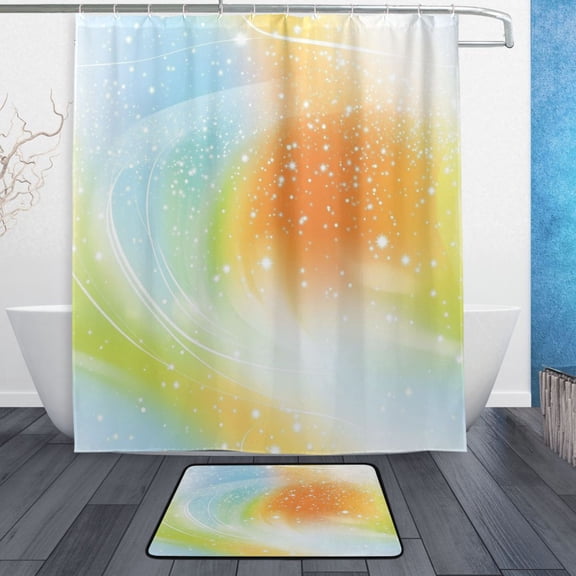 Bath Curtain & Non-Slip Bath Mat Set 12-Grommet Shower Curtain Memory Foam Bath Rug Orange and Blue Fine Flash