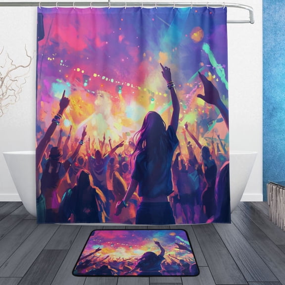 Bath Curtain & Non-Slip Bath Mat Set 12-Grommet Shower Curtain Memory Foam Bath Rug Outdoor Music Festival Scenes