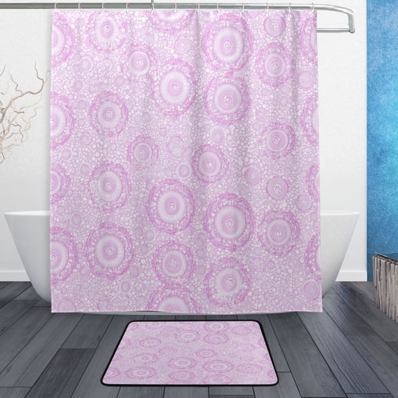 Bath Curtain & Non-Slip Bath Mat Set 12-Grommet Shower Curtain Memory Foam Bath Rug Pale Pink Lace Circles