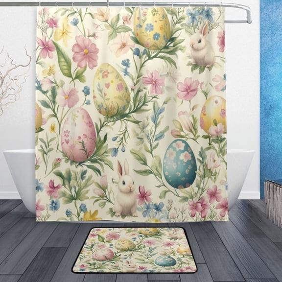 Bath Curtain & Non-Slip Bath Mat Set 12-Grommet Shower Curtain Memory Foam Bath Rug Pastel Easter Eggs