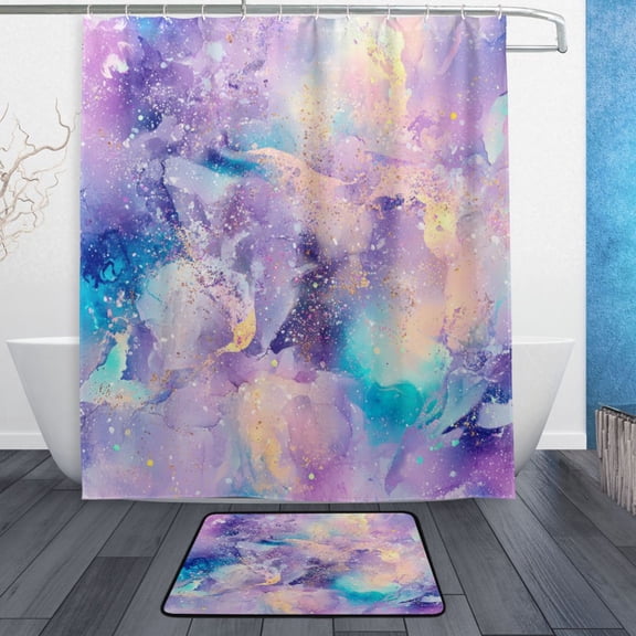 Bath Curtain & Non-Slip Bath Mat Set 12-Grommet Shower Curtain Memory Foam Bath Rug Pastel Watercolor Splashes