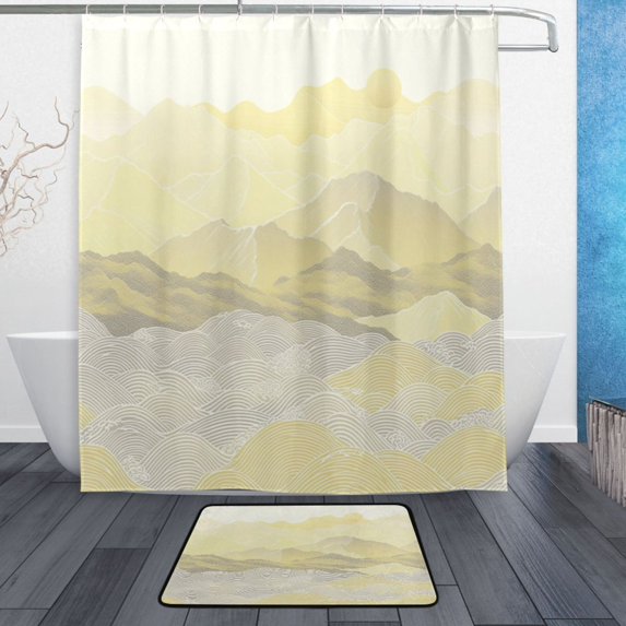 Bath Curtain & Non-Slip Bath Mat Set 12-Grommet Shower Curtain Memory Foam Bath Rug Patterned Hills